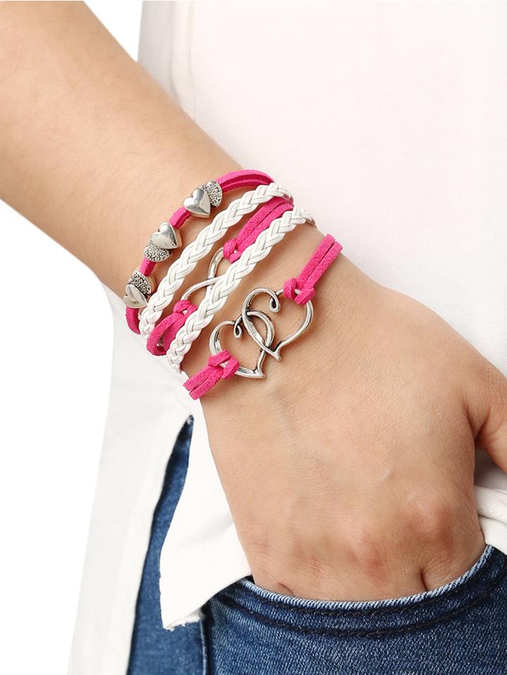 Romwe Braided Leather Bracelet With Heart Charm