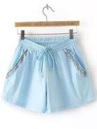 Romwe Blue Pockets Beaded Elastic Tie-waist Shorts