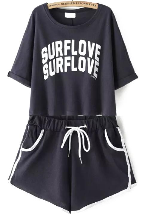 Romwe Letter Print Top With Drawstring Black Shorts