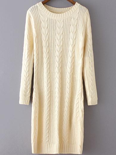Romwe Round Neck Cable Knit Beige Sweater Dress