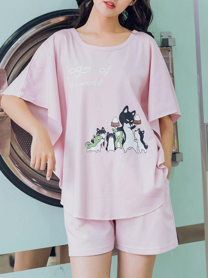 Romwe Dog Print Batwing Sleeve Tee & Shorts Pj Set