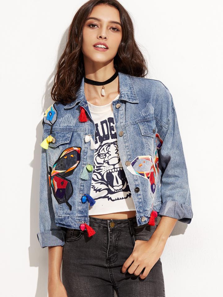 Romwe Blue Embroidered Tassel Trim Denim Jacket