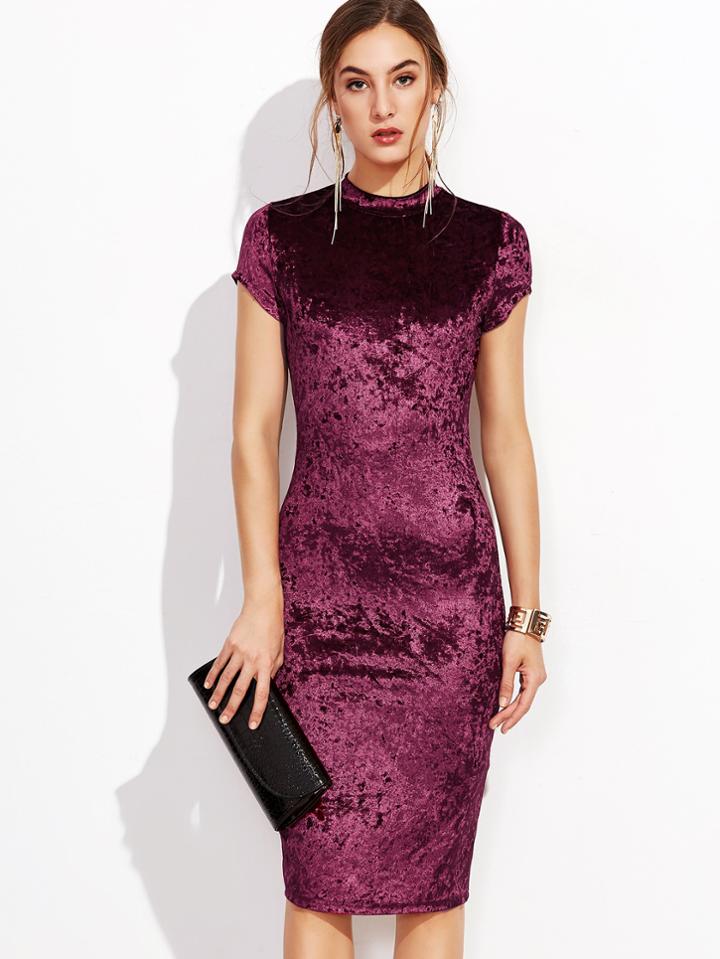 Romwe Mock Neck Crushed Velvet Pencil Dress