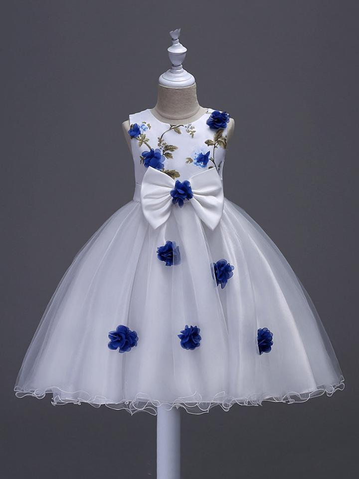 Romwe Stereo Flowers Bow Detail Tiered Mesh Ball Gown