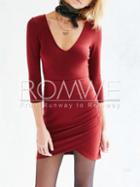 Romwe Red V Neck Ruched Bodycon Dress