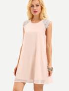 Romwe Pink Contrast Lace Chiffon Dress