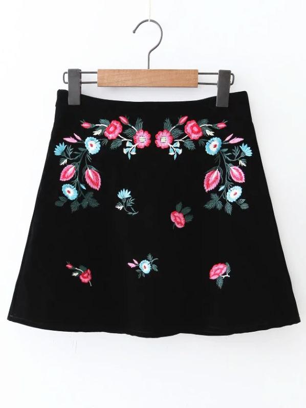 Romwe Black Flower Embroidery Velvet A Line Skirt