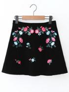 Romwe Black Flower Embroidery Velvet A Line Skirt