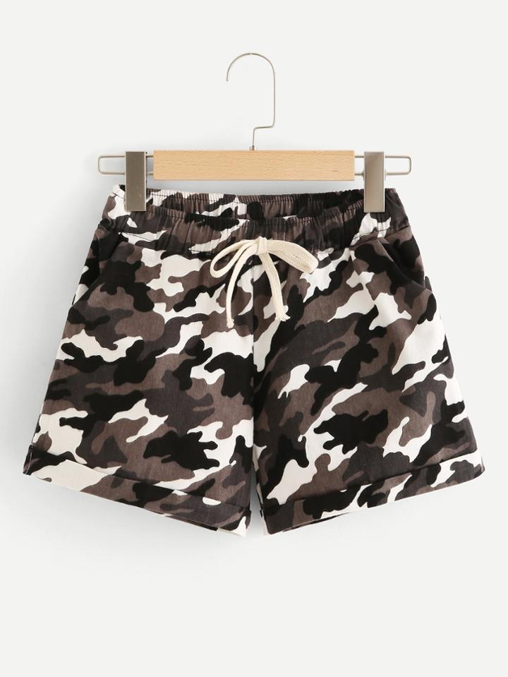 Romwe Camo Print Drawstring Cuffed Shorts