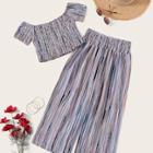 Romwe Striped Shirred Off Shoulder Top With Pants