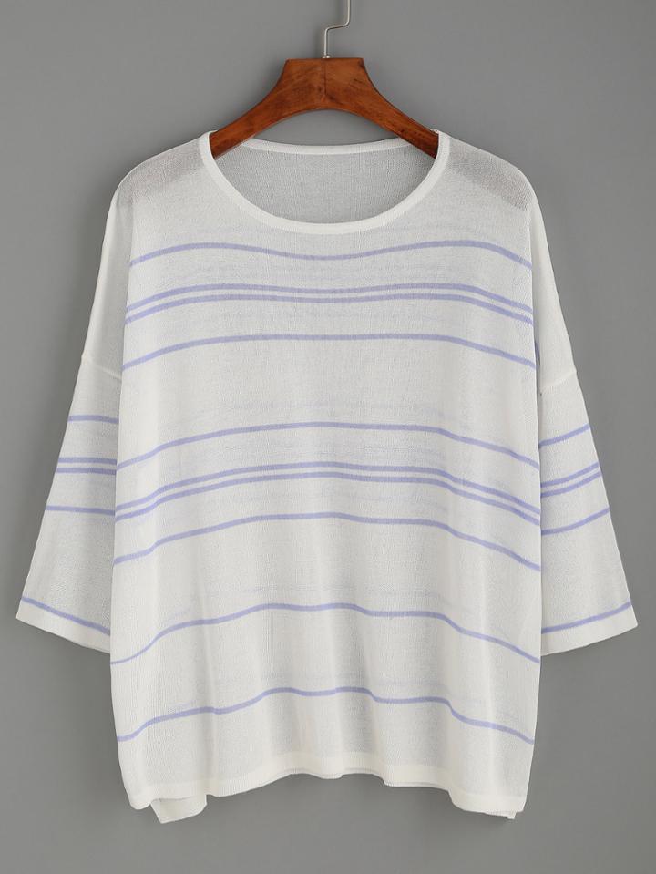 Romwe White Striped Drop Shoulder Cover Up Sweater