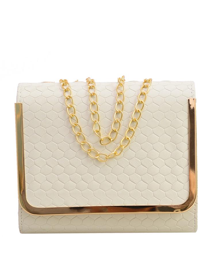 Romwe Embossed Faux Leather Metal Trim Flap Bag - White