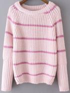 Romwe Pink Striped Raglan Sleeve Loose Sweater