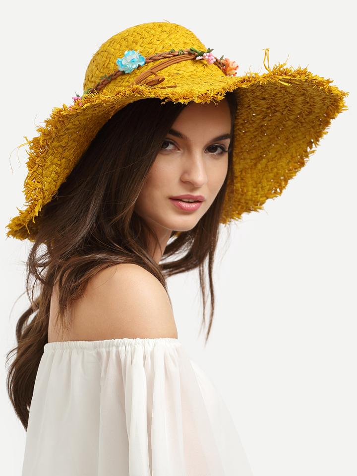Romwe Yellow Flower Decorated Large Brimmed Hat