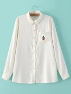 Romwe White Lapel Embroidery Buttons Front Pocket Blouse