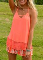 Romwe Neon Red Halter With Tassel Chiffon Cami Top