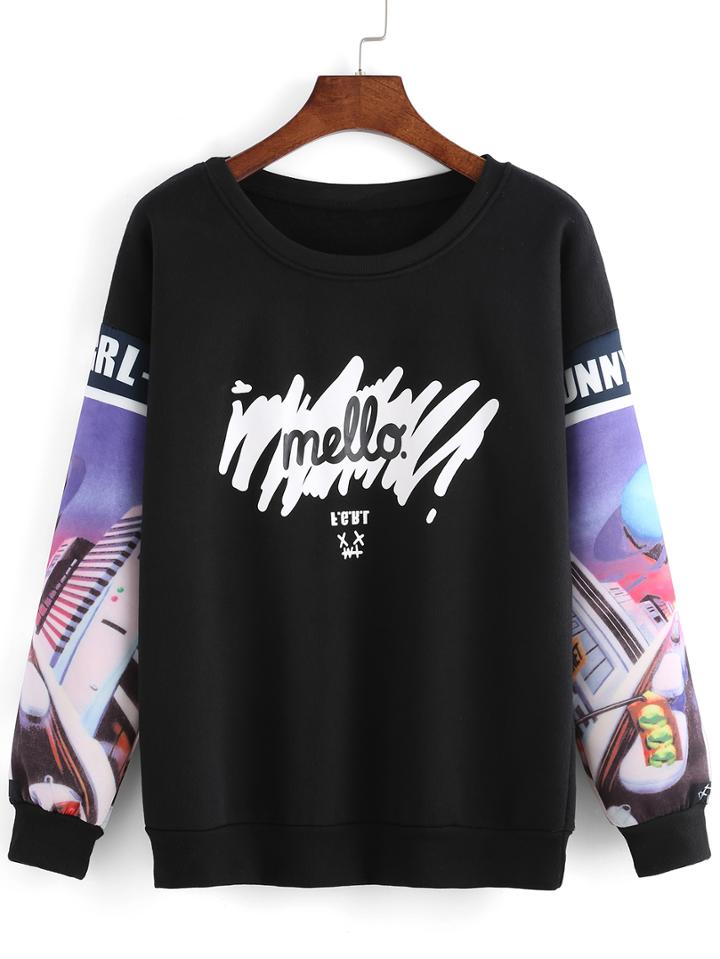 Romwe Contrast Sleeve Letter Print Sweatshirt