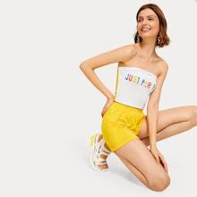 Romwe Letter Print Bandeau Top & Shorts