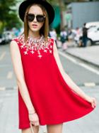 Romwe Red Round Neck Sleeveless Beading Dress