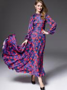 Romwe Purple Lapel Long Sleeve Print Dress
