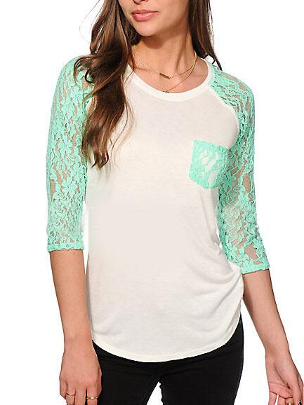 Romwe Contrast Lace Pocket Green T-shirt