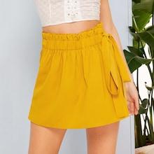 Romwe Knot Side Solid Paperbag Skort
