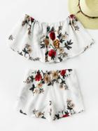 Romwe Strapless Floral Printed Random Crop Top With Shorts
