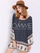 Romwe Navy Long Sleeve Vintage Print Dress