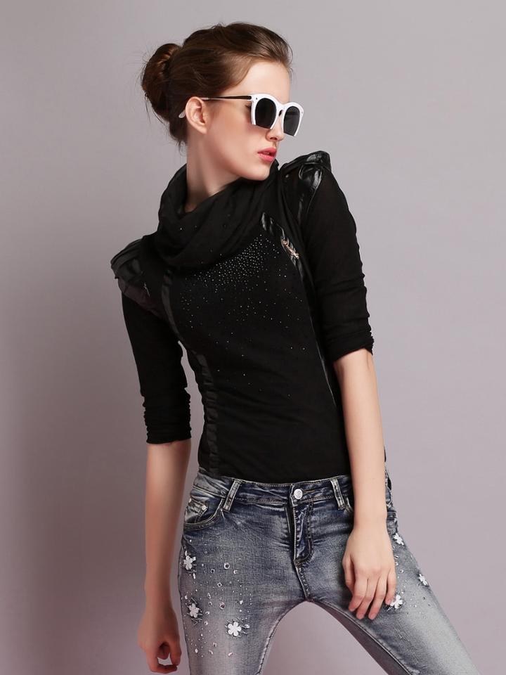 Romwe Funnel Neck Contrast Panel Ruffle Trim Tee