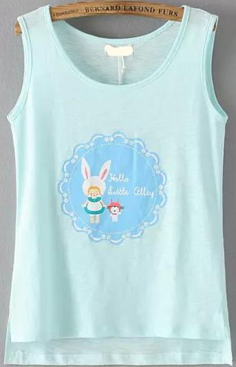 Romwe Dip Hem Rabbit Print Blue Tank Top
