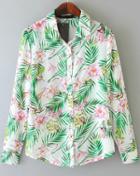 Romwe Green Lapel Long Sleeve Floral Chiffon Blouse