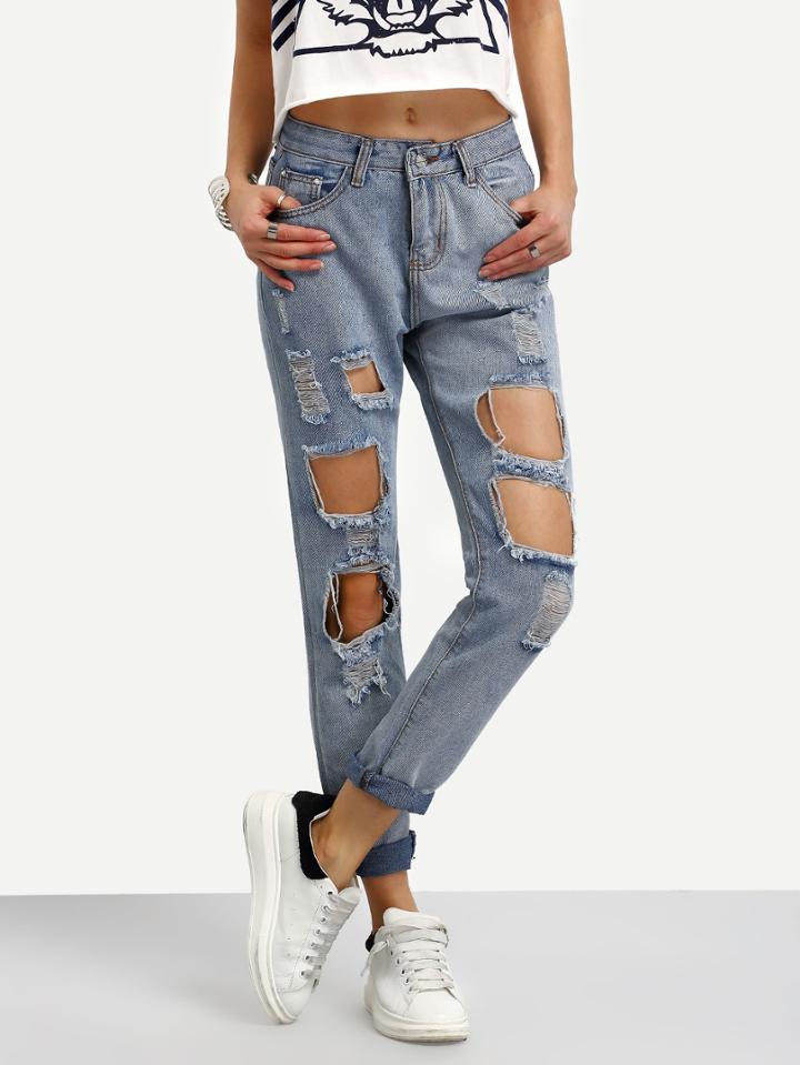 Romwe Destructed Rolled Hem Boyfriend Jeans