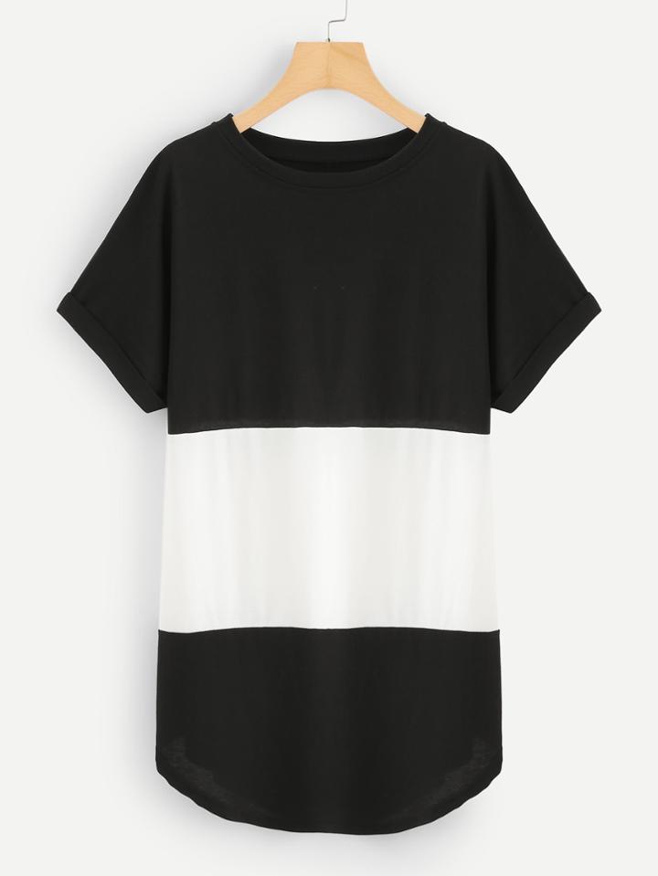 Romwe Cut And Sew Curved Hem Tee