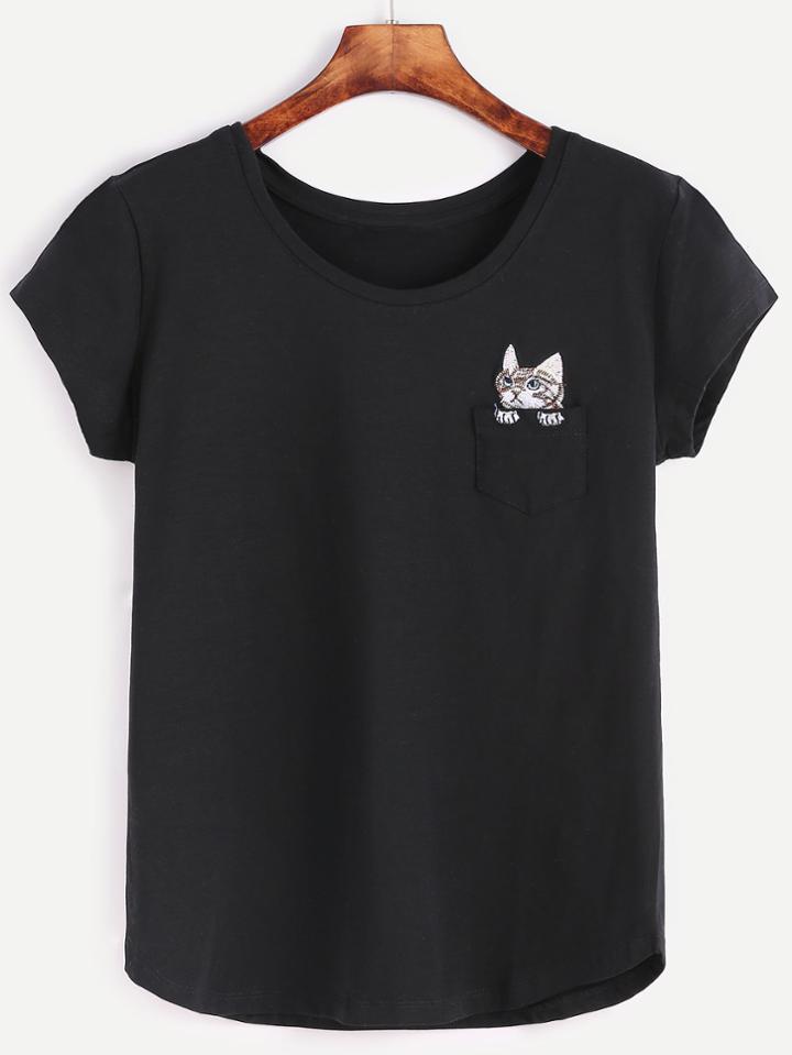 Romwe Black Cat Embroidery Pocket T-shirt