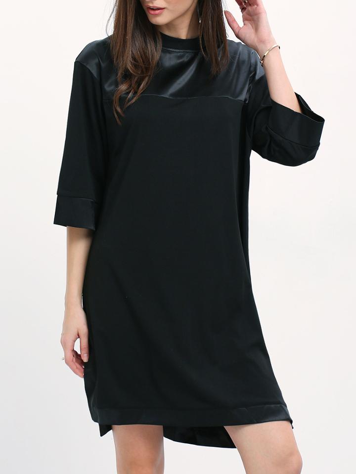 Romwe Black Crew Neck Pu Leather Shift Dress
