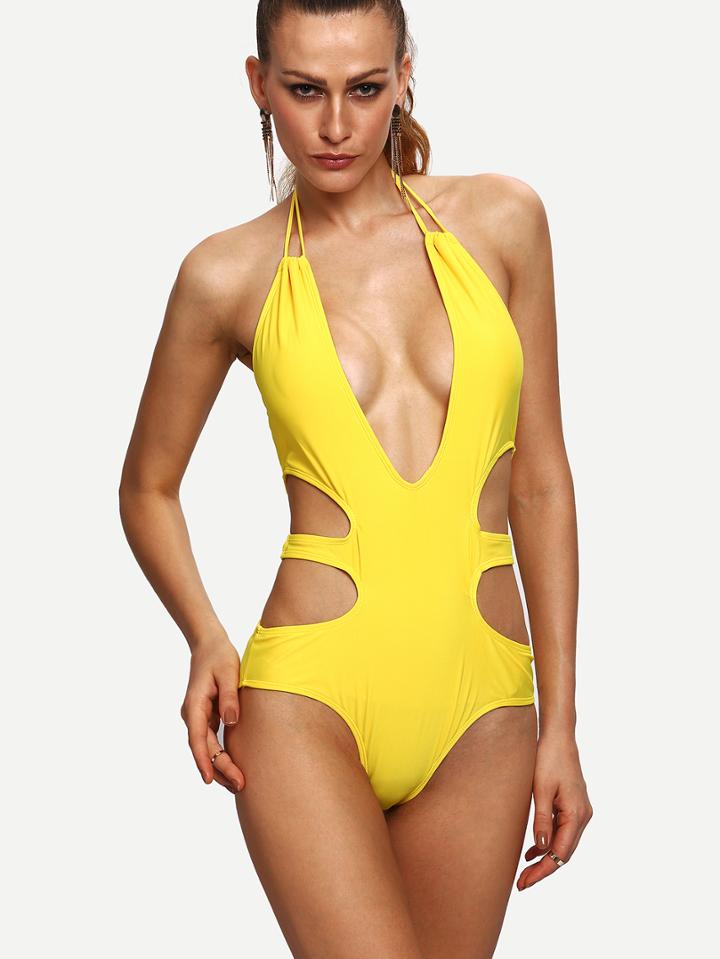 Romwe Plunge Neck Cutout One-piece Swimwear
