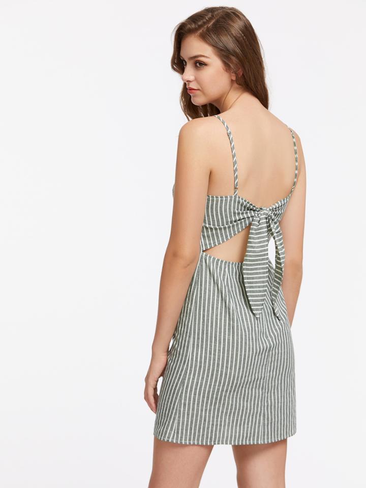Romwe Knot Open Back Pinstripe Cami Dress