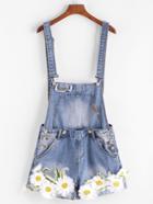 Romwe Embroidered Appliques Cuffed Denim Overall Shorts