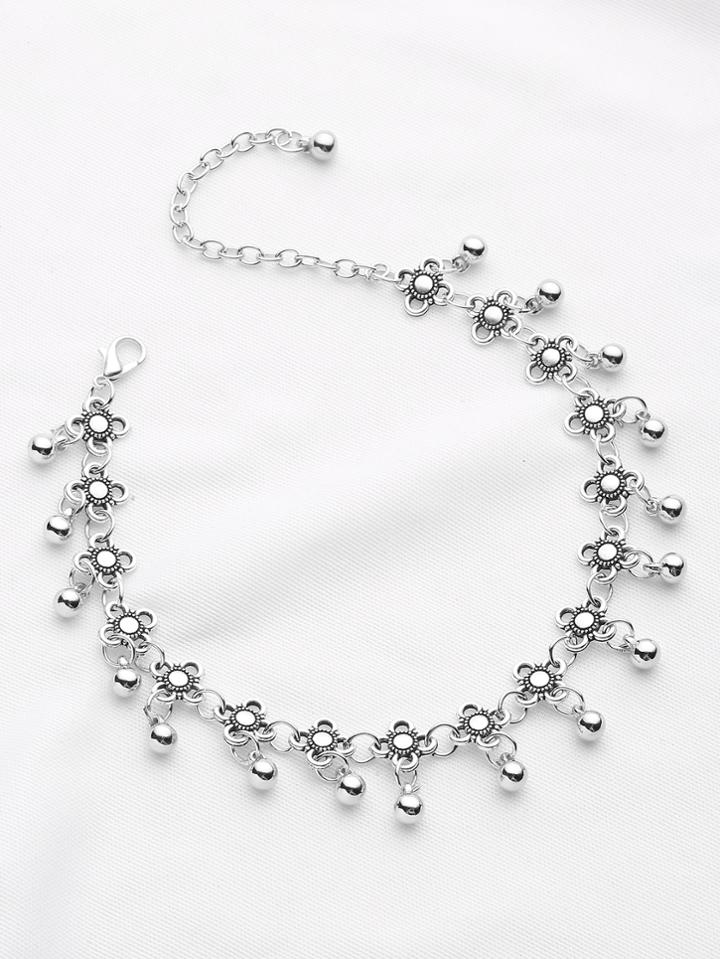 Romwe Metal Beaded And Flower Decorated Chain Anklet