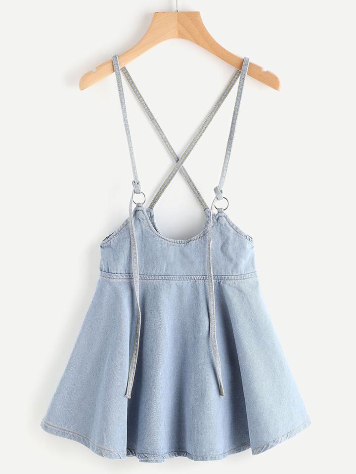 Romwe Criss Cross Back Ring Detail Denim Pinafore Dress