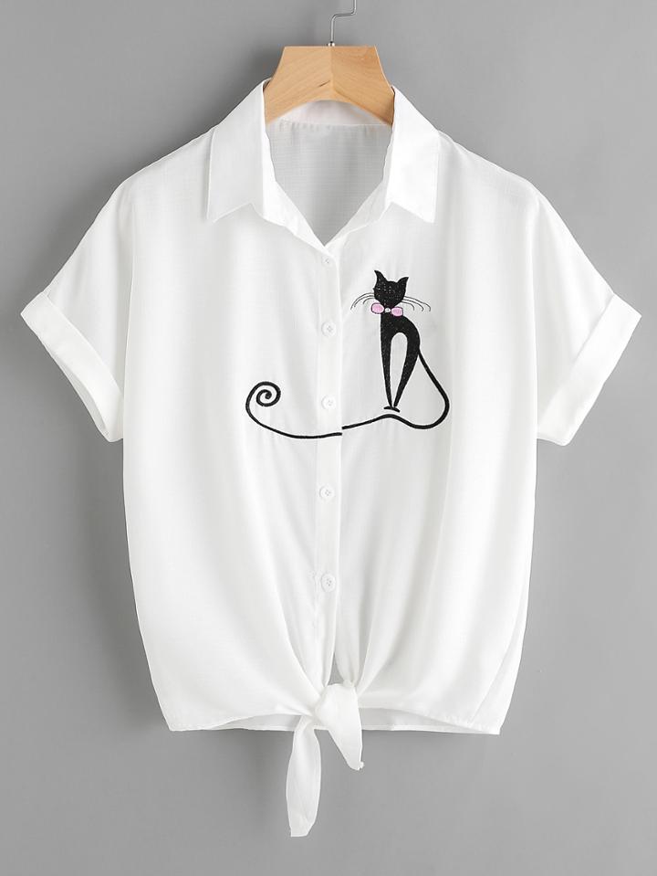 Romwe Cat Embroidered Cuffed Tie Hem Shirt