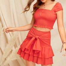 Romwe Smocked Crop Top & Tie Waist Layered Ruffle Skirt Set