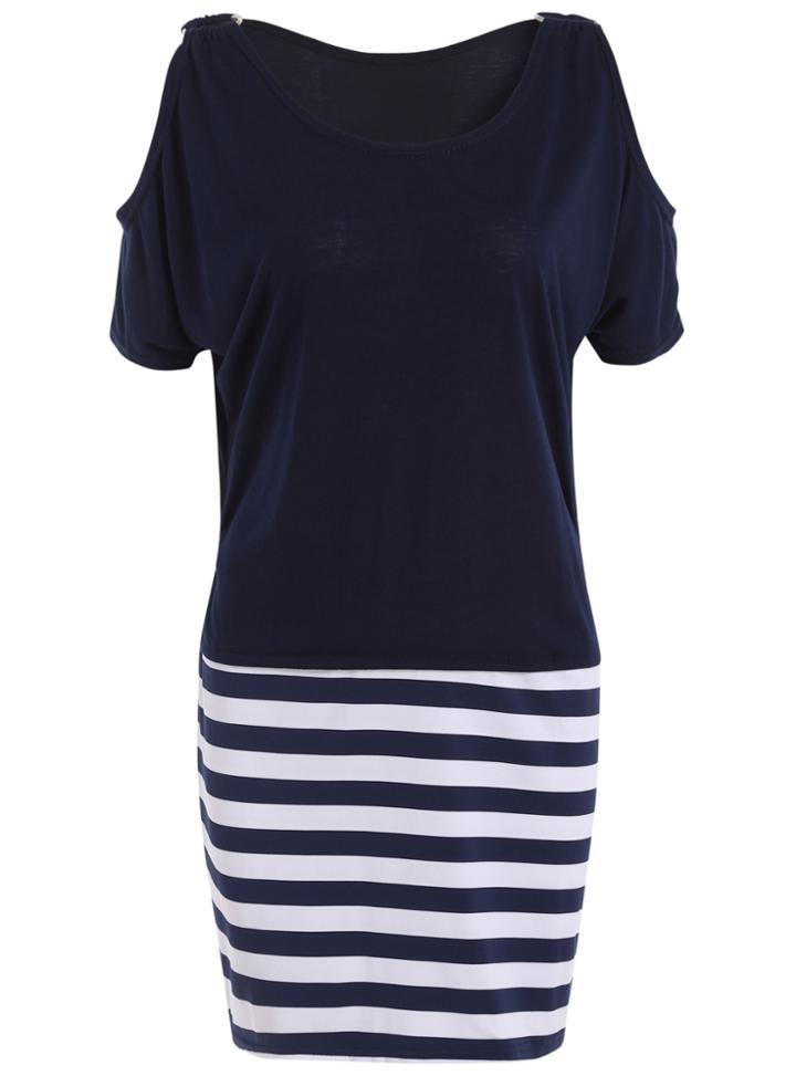 Romwe Open Shoulder Striped Bodycon Dress