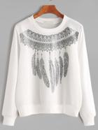 Romwe White Ribbed Trim Tribal Print Sweatshirt