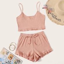 Romwe Ribbed Frill Trim Cami Top With Drawstring Waist Shorts