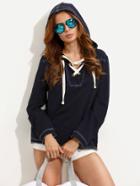Romwe Navy Lace-up Long Sleeve Hooded T-shirt