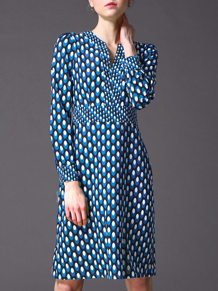 Romwe Blue V Neck Polka Dot Knee Length Dress