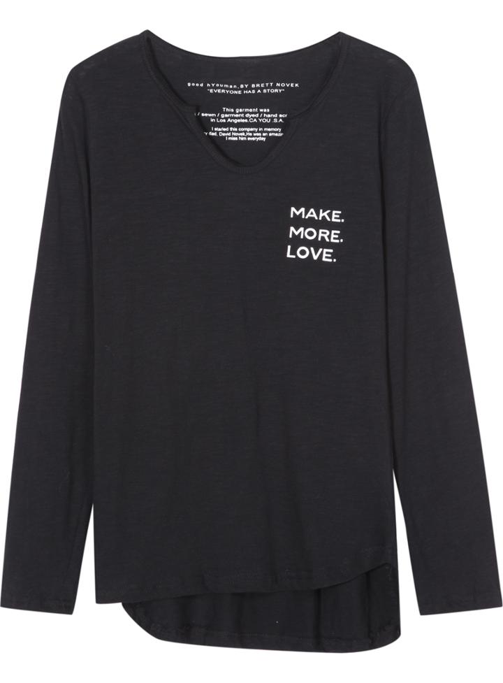 Romwe Dip Hem Letter Print Long Sleeve Black T-shirt