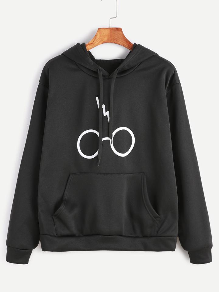 Romwe Black Glasses Print Drawstring Hooded Pocket Sweatshirt
