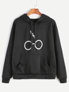 Romwe Black Glasses Print Drawstring Hooded Pocket Sweatshirt